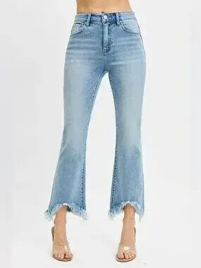 RISEN Full Size High Rise Crop Bootcut Fray Hem Jeans Plus Size